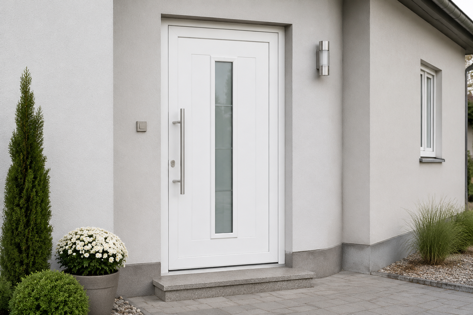 Moderne Kunststoff-Haustür als Beispiel für unterschiedliche Kosten und Ausstattungen