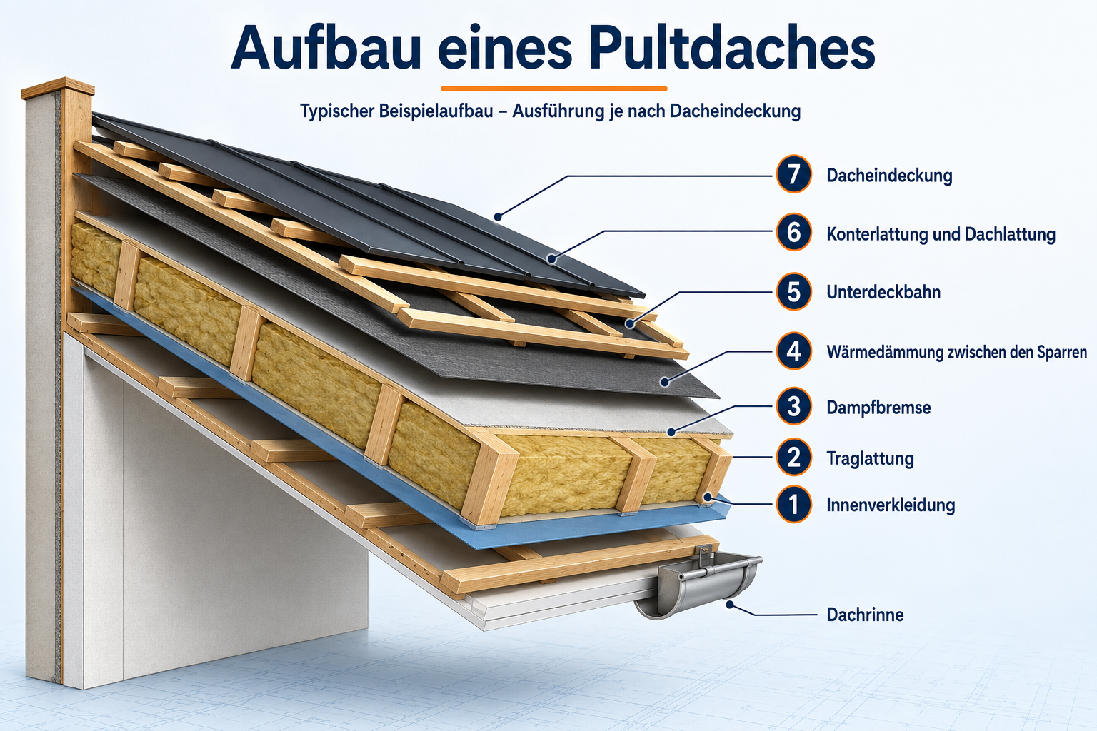 Aufbau eines Pultdaches mit Innenverkleidung, Dampfbremse, Dämmung, Unterdeckbahn, Lattung und Dacheindeckung