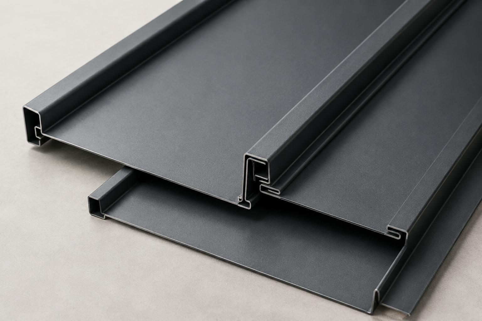 Anthrazitfarbene Metallprofile für die Eindeckung eines Pultdaches