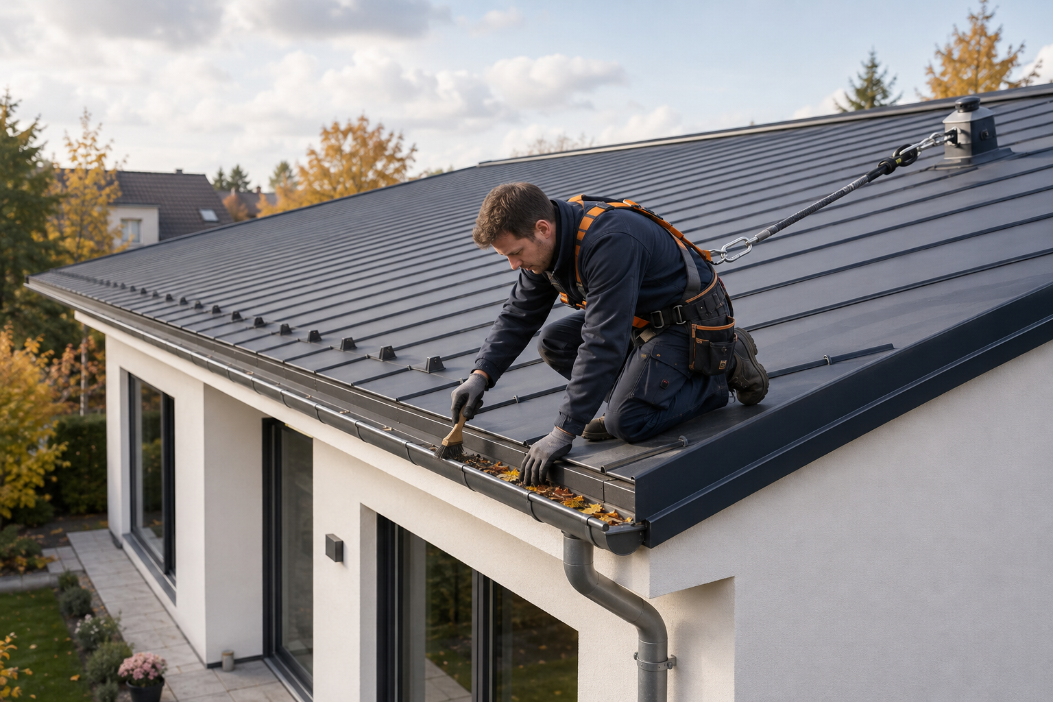 Gesicherter Dachdecker bei der Wartung und Dachrinnenreinigung eines Pultdachs