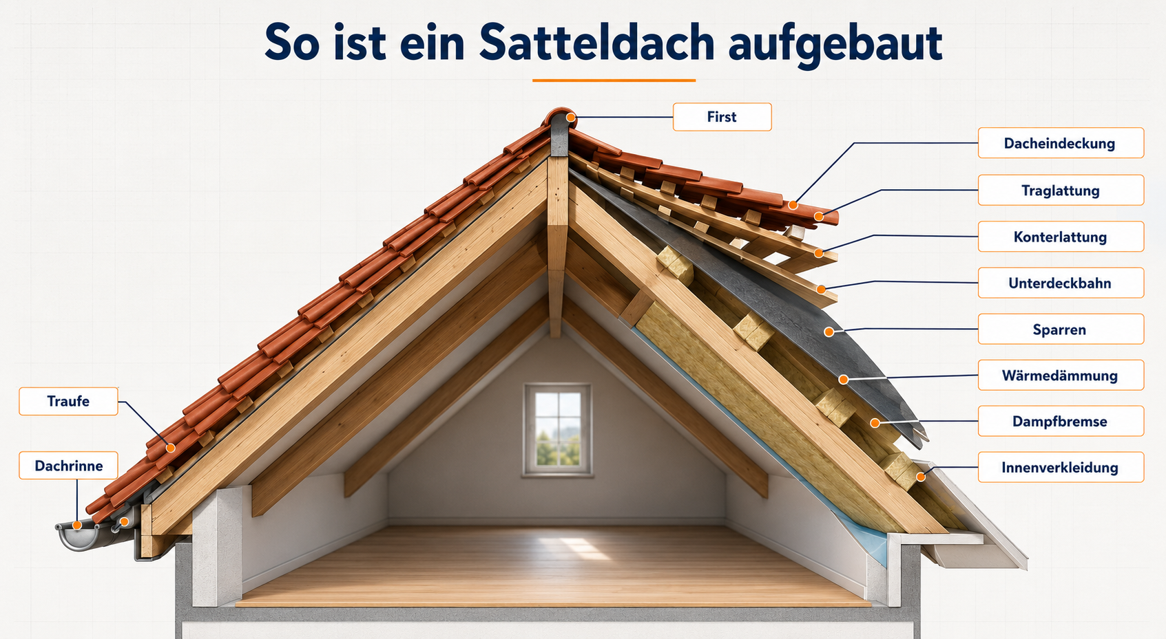Infografik zum Aufbau eines Satteldachs mit Dacheindeckung, Lattung, Unterdeckbahn, Sparren, Wärmedämmung und Innenverkleidung