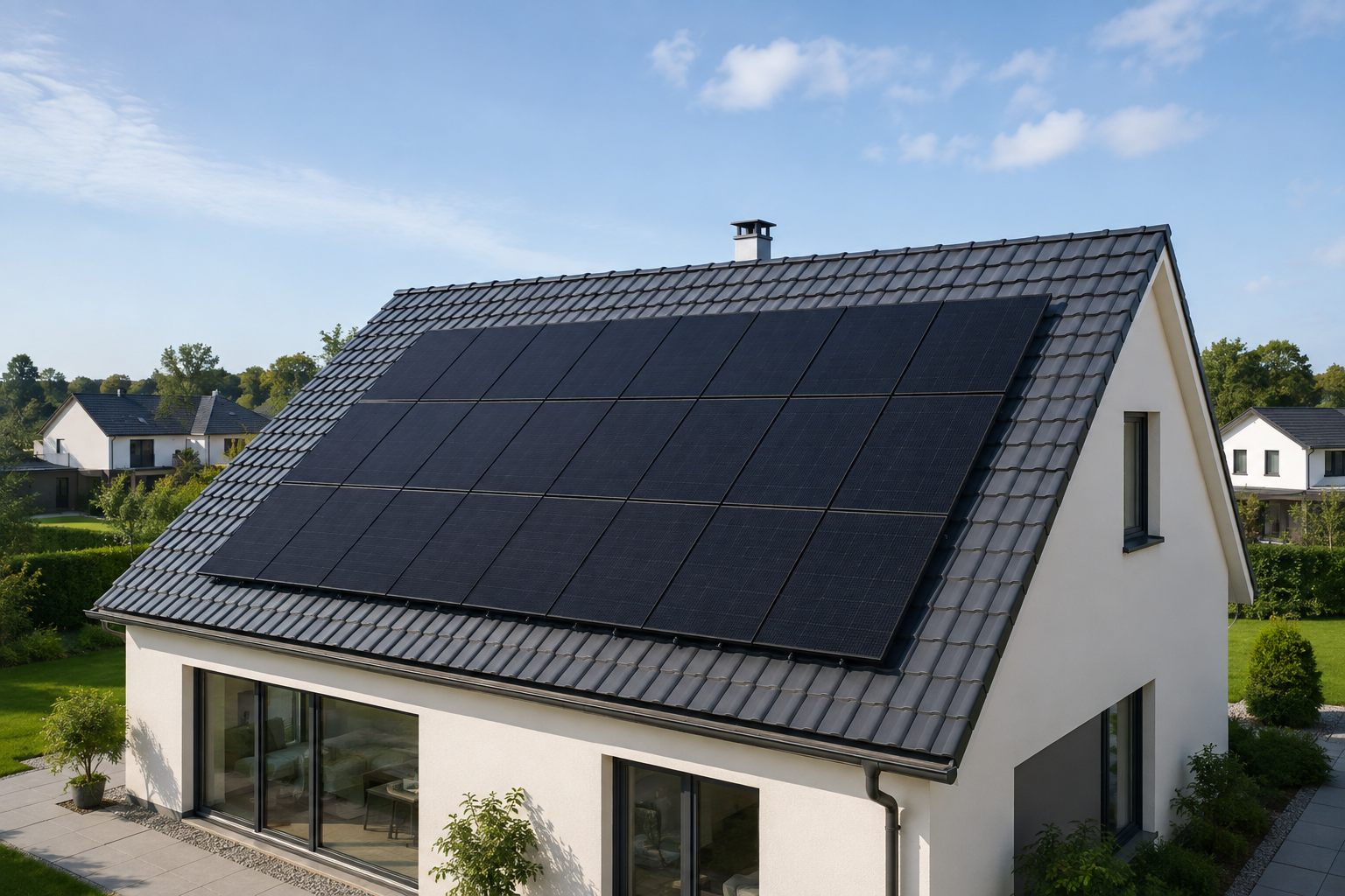 Modernes Satteldach mit professionell installierter Photovoltaikanlage
