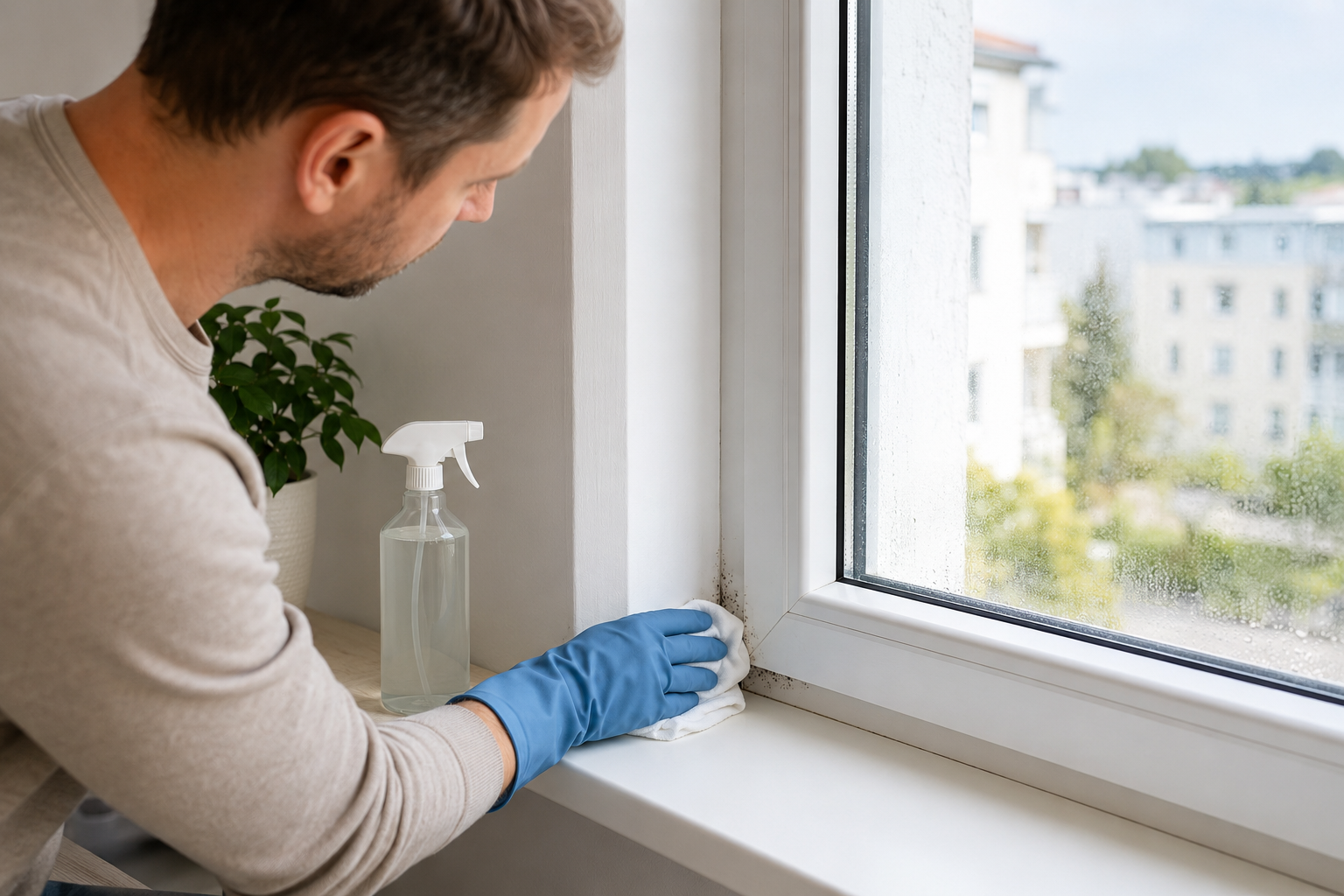 Wohnungsbesitzer beseitigt kleinen oberflächlichen Schimmel am Fensterrahmen