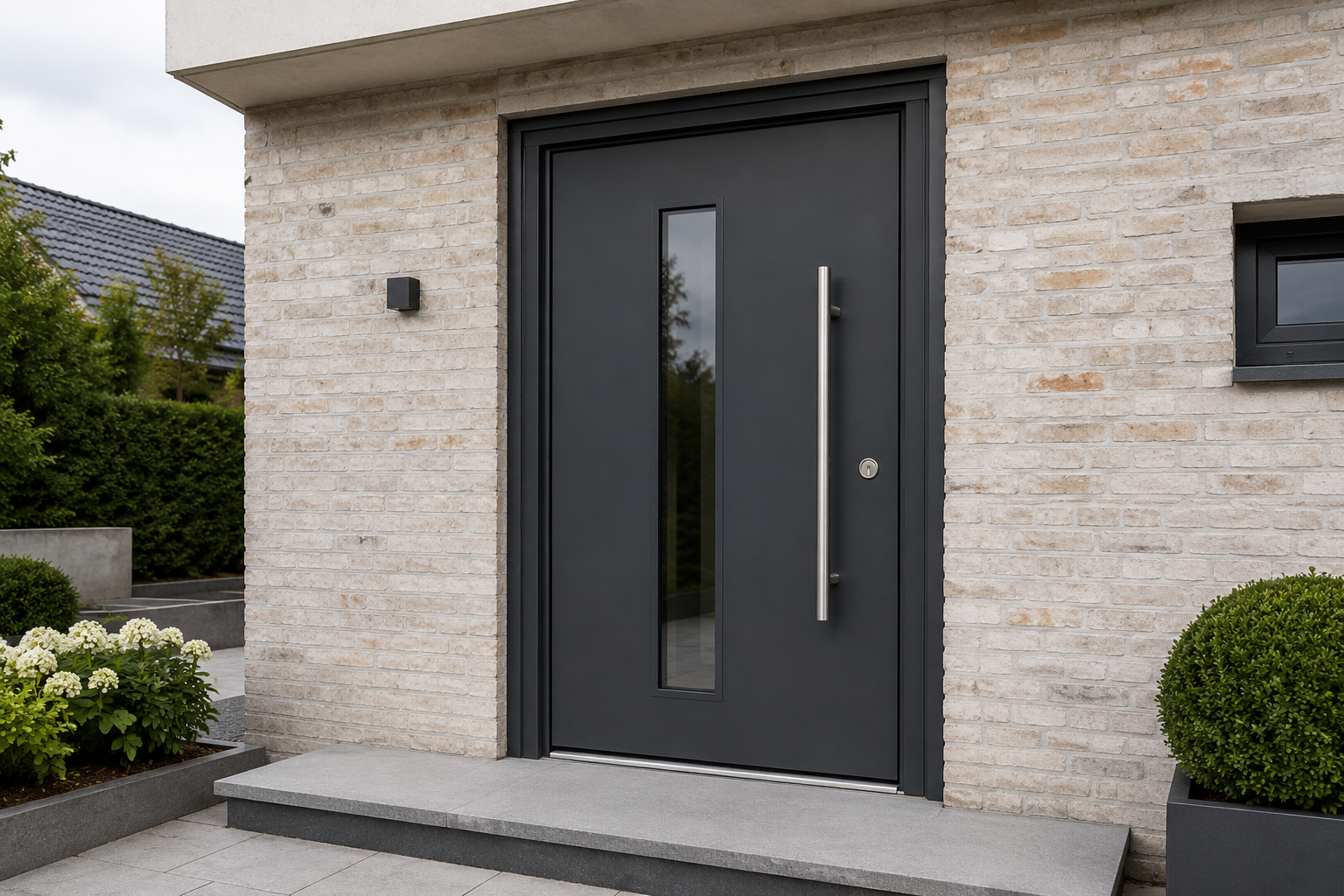 Robuste anthrazitfarbene Stahlhaustür mit Sicherheitsglas und massivem Edelstahlgriff