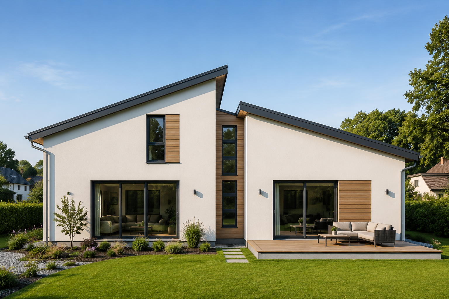 Modernes Wohnhaus mit versetztem Pultdach und Lichtband zwischen den Dachflächen