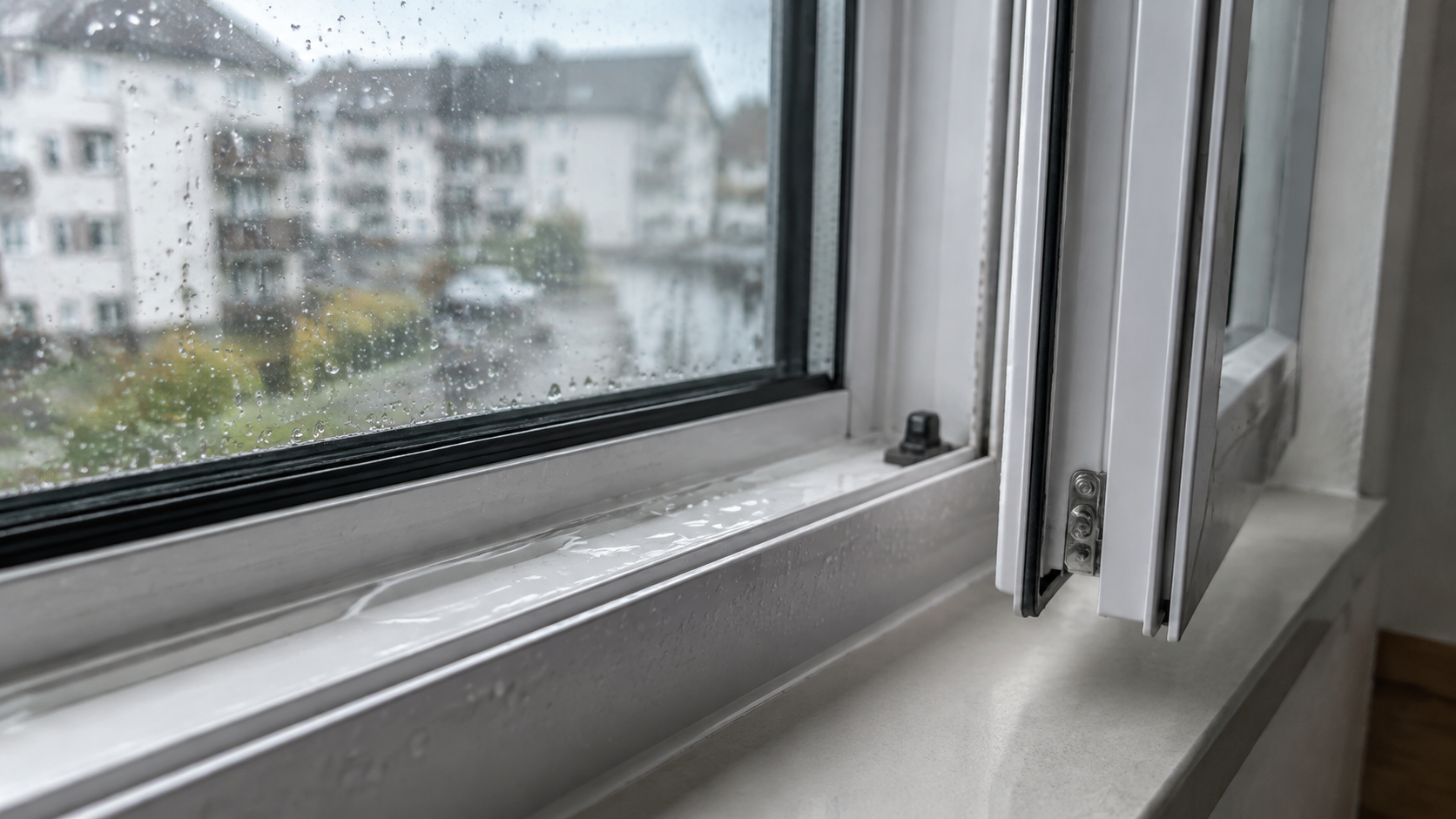 Wasser im Fensterrahmen eines weißen Kunststofffensters