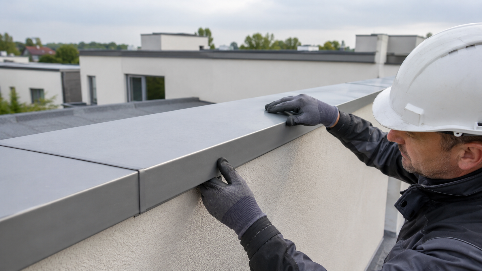 Fachgerecht montierte Attika-Abdeckung aus Metall auf einem Flachdach