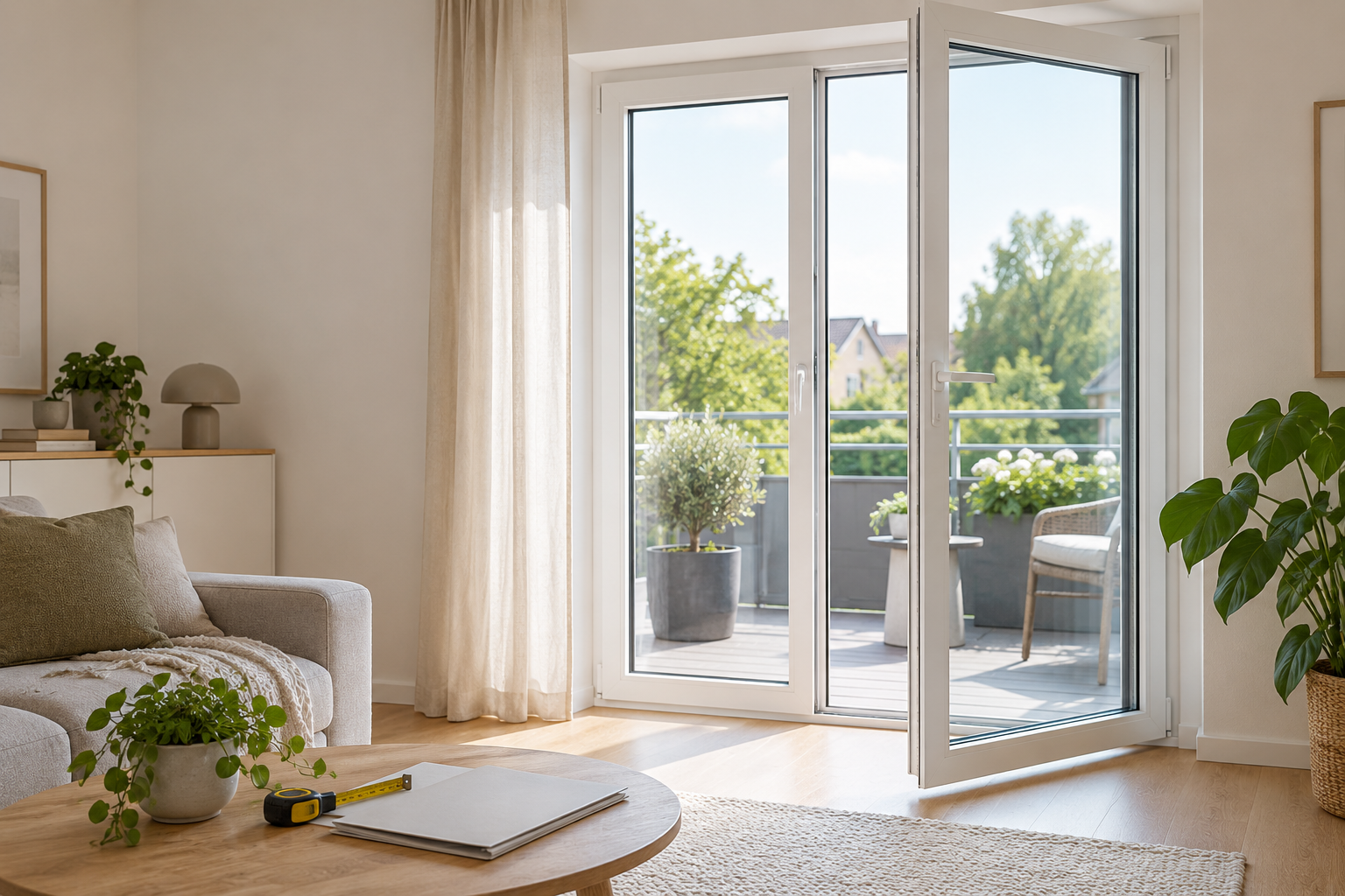 Balkontür Kosten: Moderne weiße Balkontür in einem hellen Wohnzimmer mit Maßband