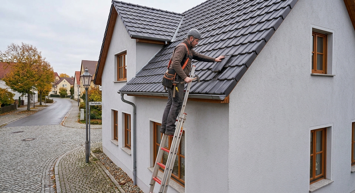 Dachdecker prüft klappernde Dachziegel und ihre Befestigung