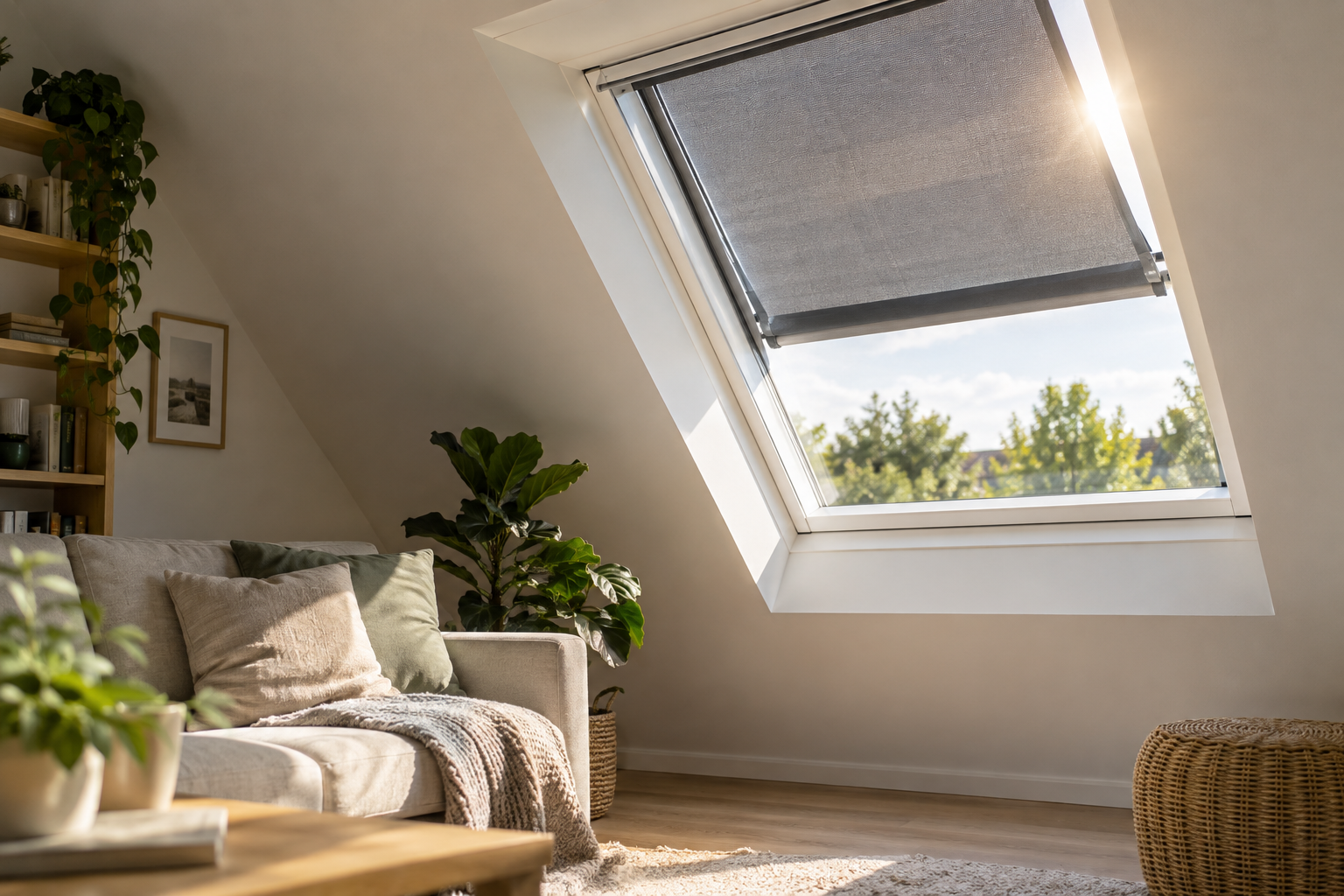 Außenliegende Sonnenschutz-Markise an einem Dachfenster schützt das Dachgeschoss vor sommerlicher Hitze