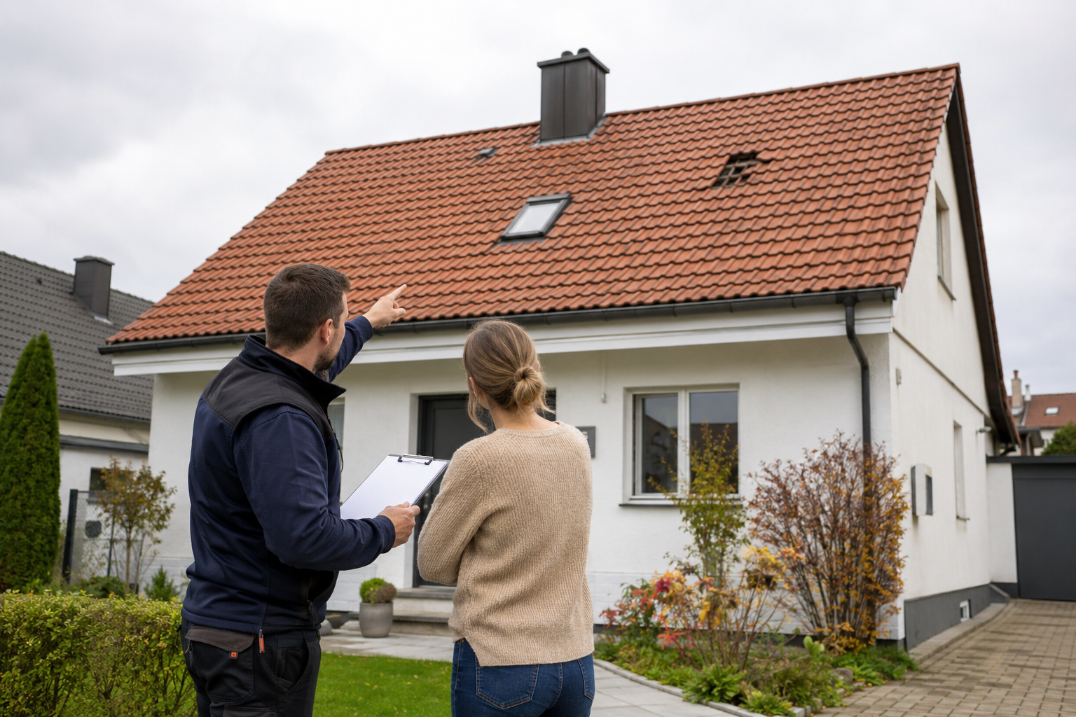Dachdecker bespricht die Kosten einer Dachreparatur an einem Einfamilienhaus
