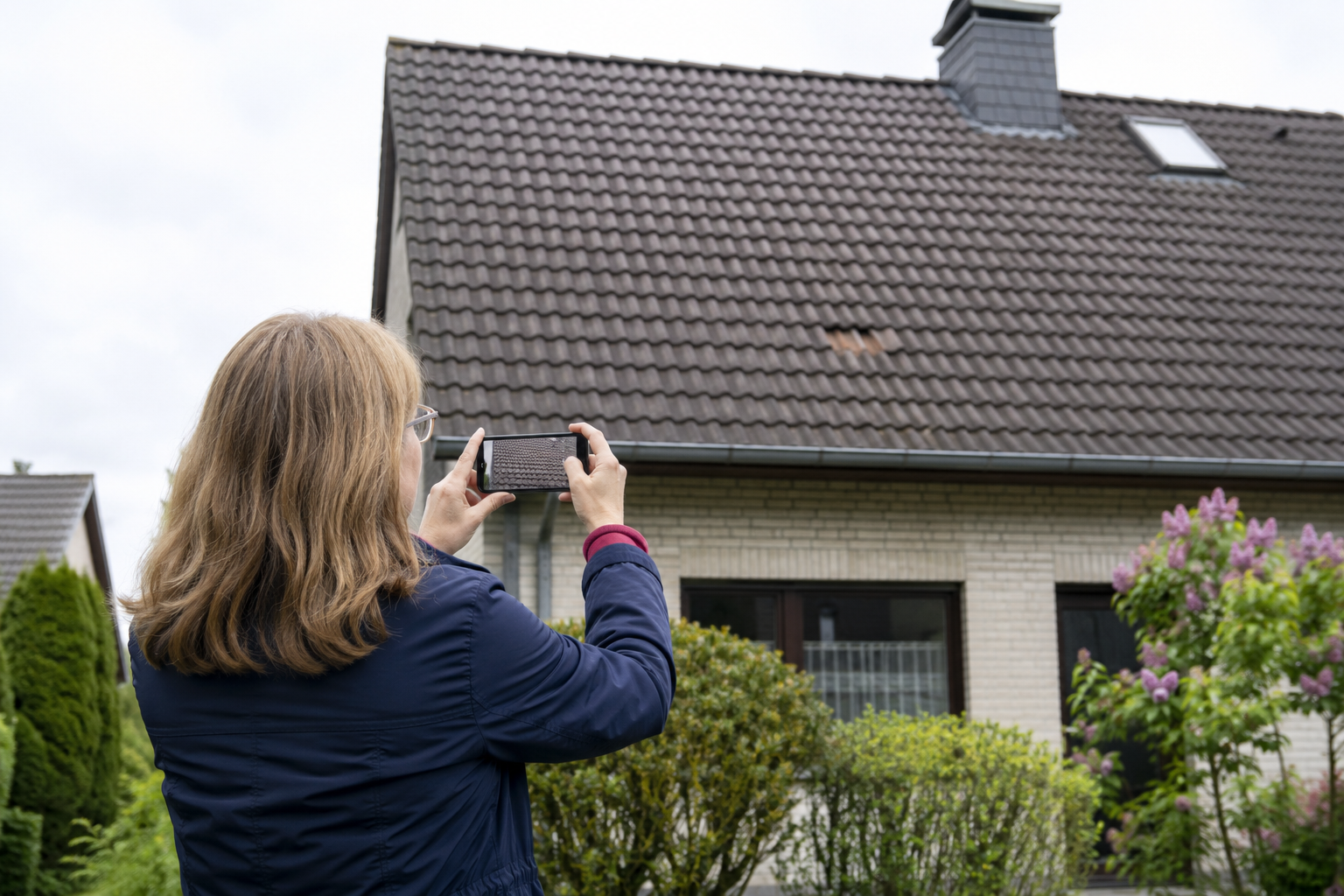 Eigentümer fotografiert einen sichtbaren Dachschaden sicher vom Boden aus