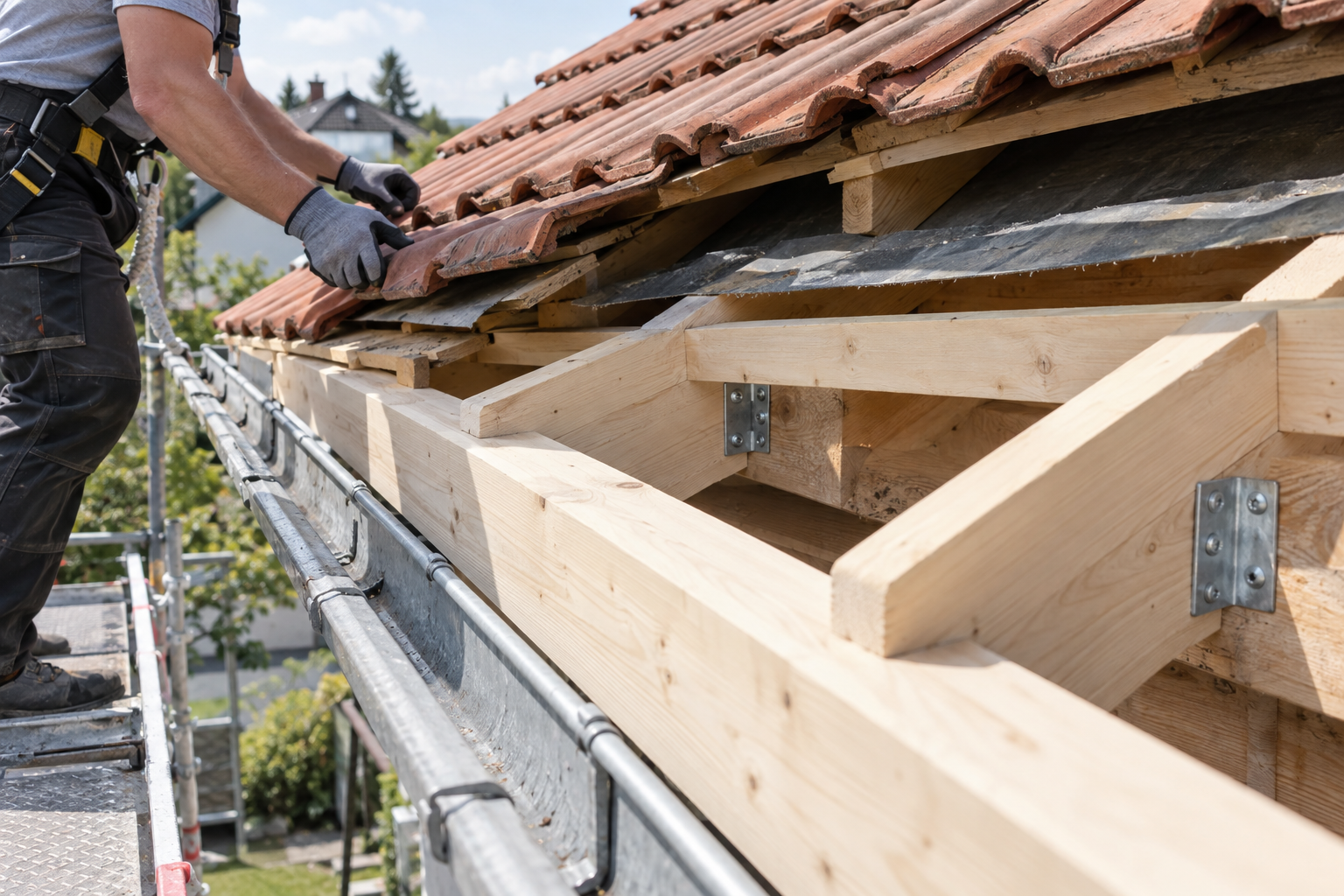 Altbau mit zu kurzem Dachüberstand vor einer Fassadendämmung