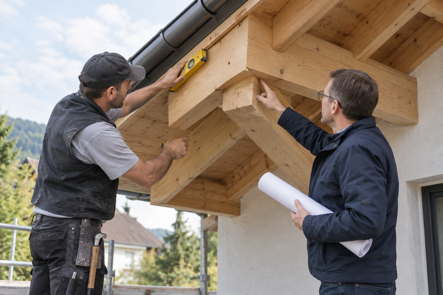 Fachleute prüfen die Statik eines Dachüberstands am Altbau