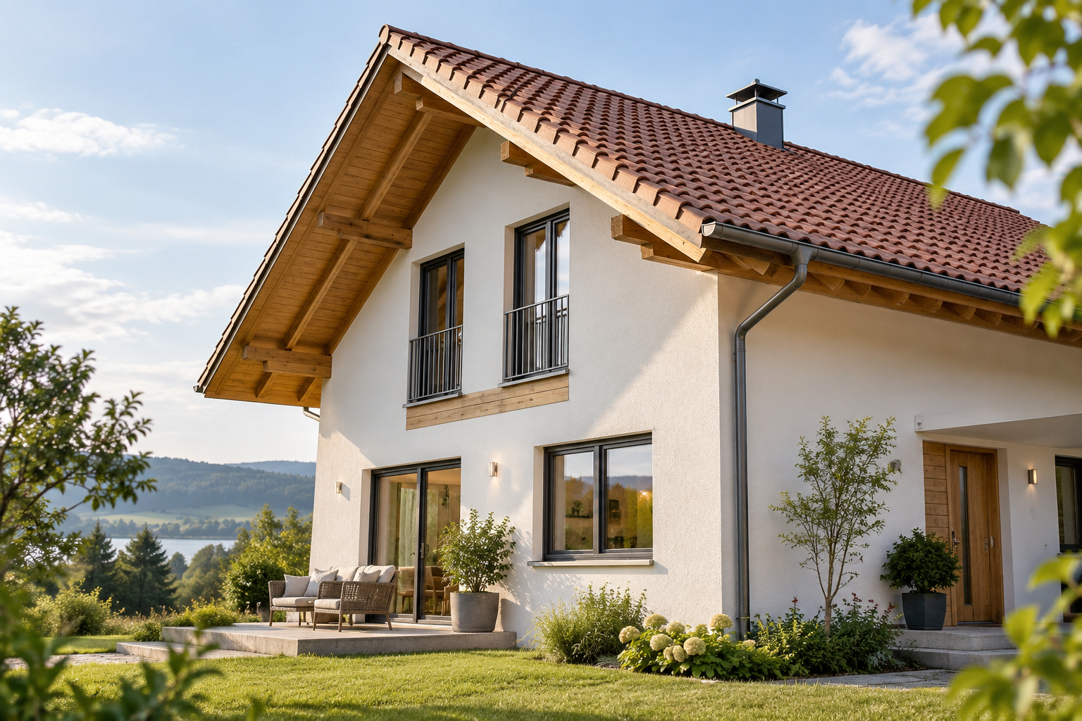 Haus mit verlängertem Dachüberstand und geschützter Fassade