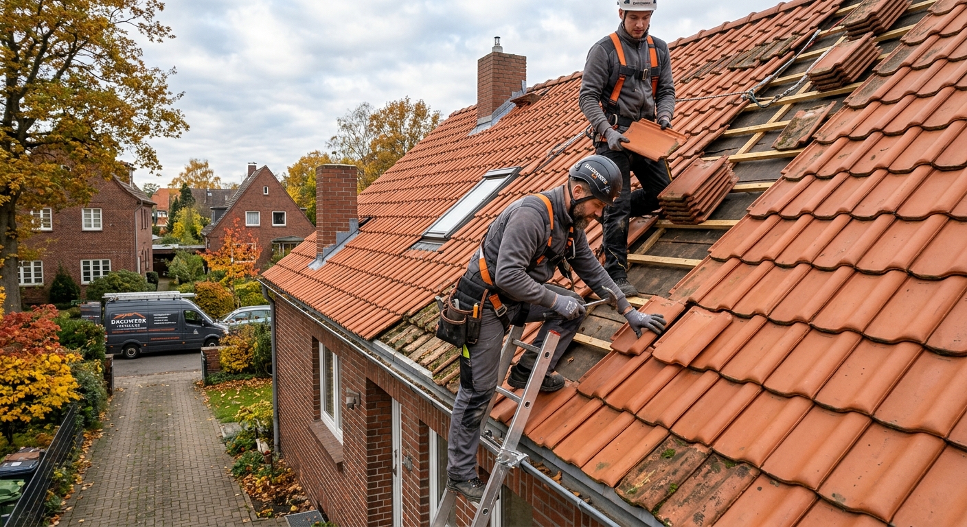 Dachdecker befestigt klappernde Dachziegel fachgerecht