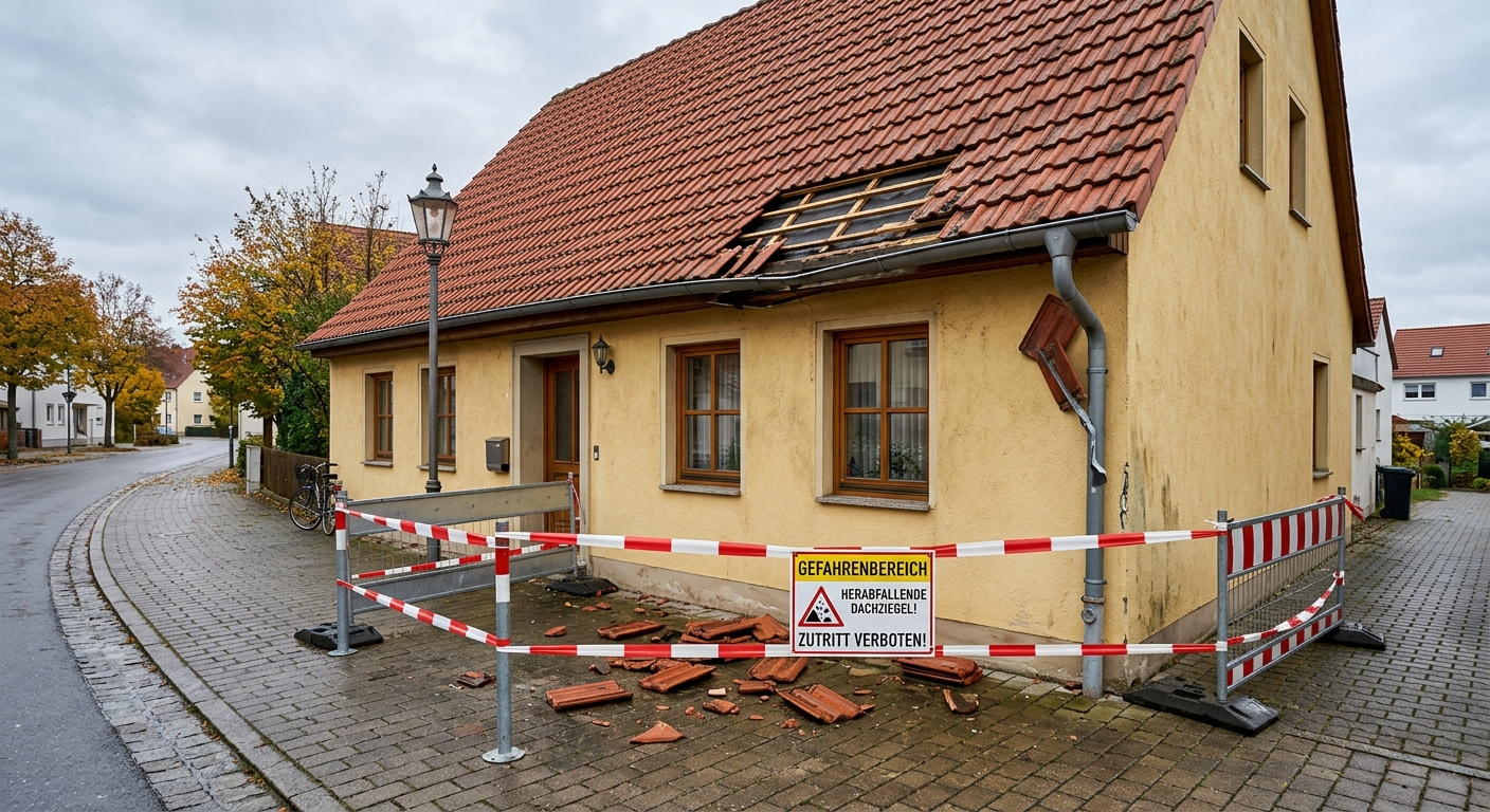 Abgesperrter Gefahrenbereich unter einem Dach mit heruntergefallenem Dachziegel