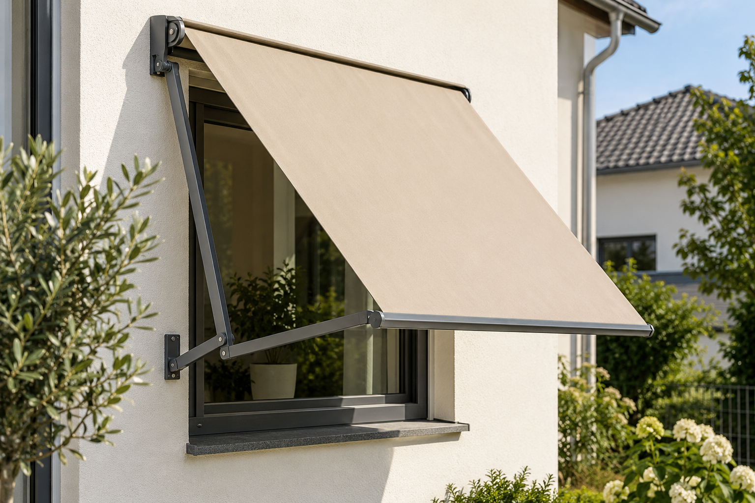 Fallarmmarkise schützt ein Fenster vor direkter Sonneneinstrahlung