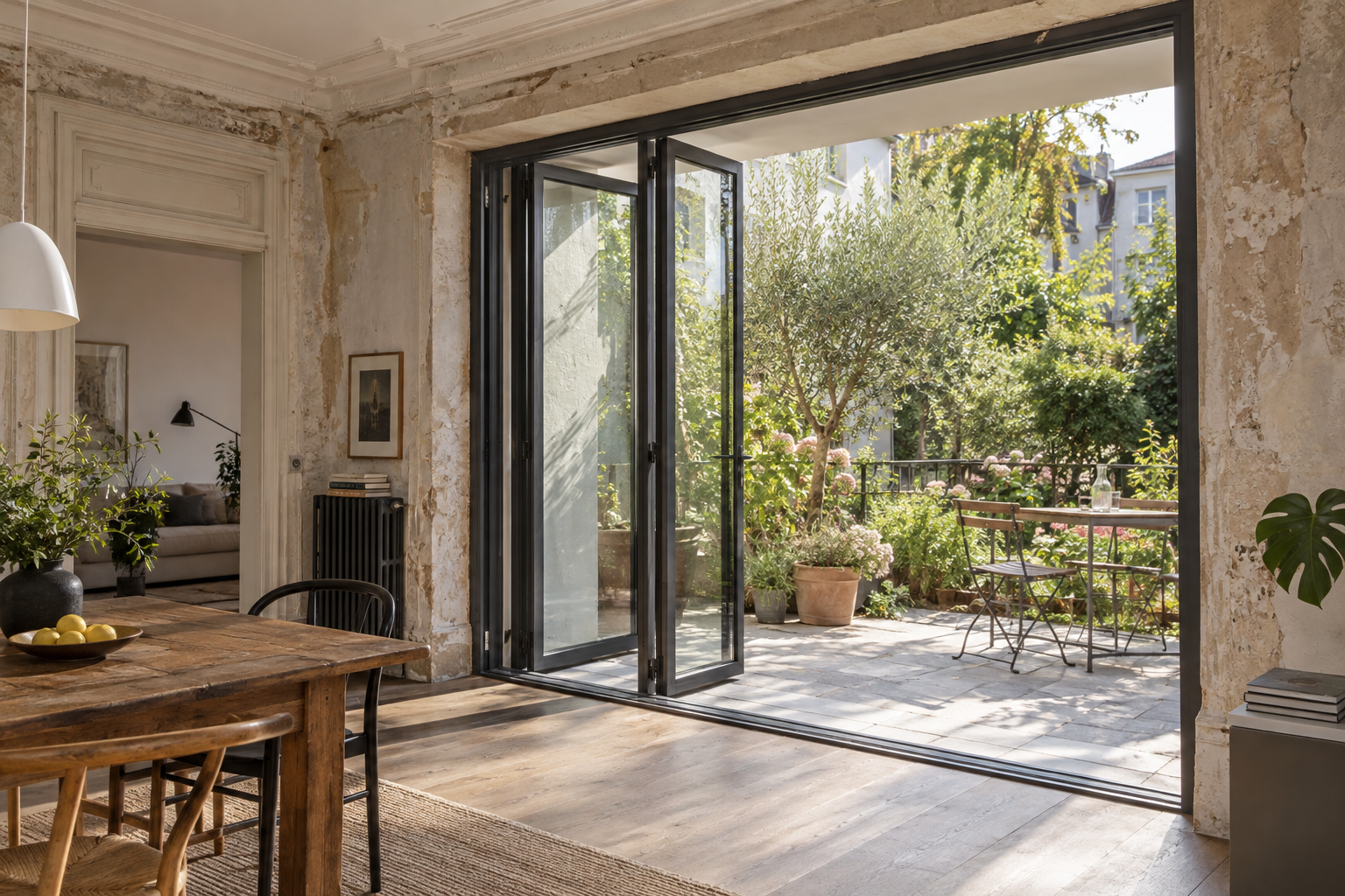 Falt-Schiebetür in einer sanierten Altbau-Terrassenöffnung