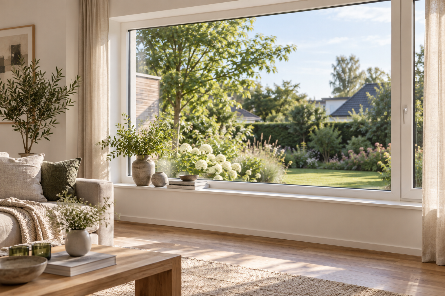 Fenster in der Nähe: modernes, lichtdurchflutetes Fenster mit Blick ins Grüne