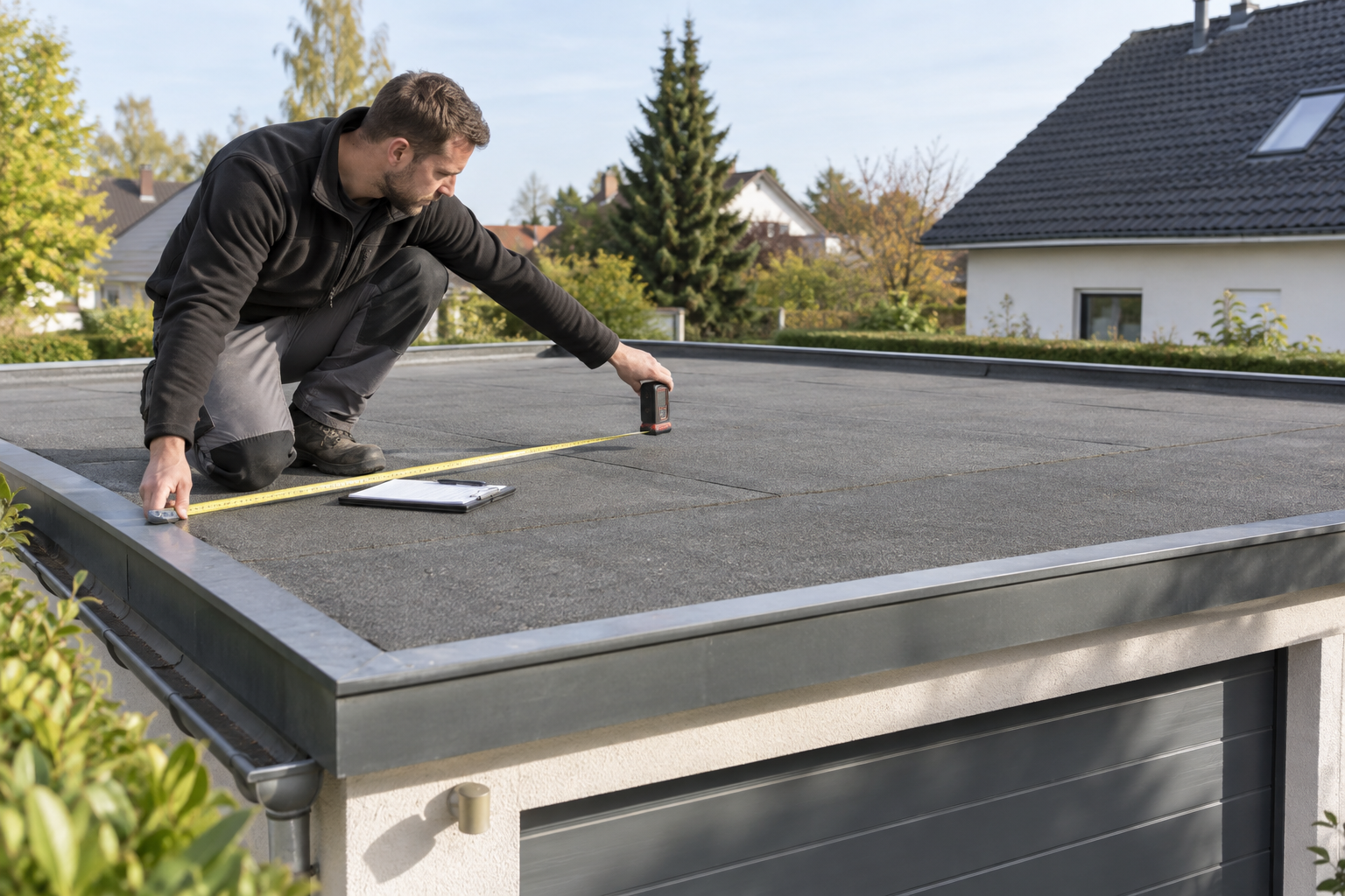 Fachbetrieb nimmt Maße für die Sanierung eines Garagendachs auf