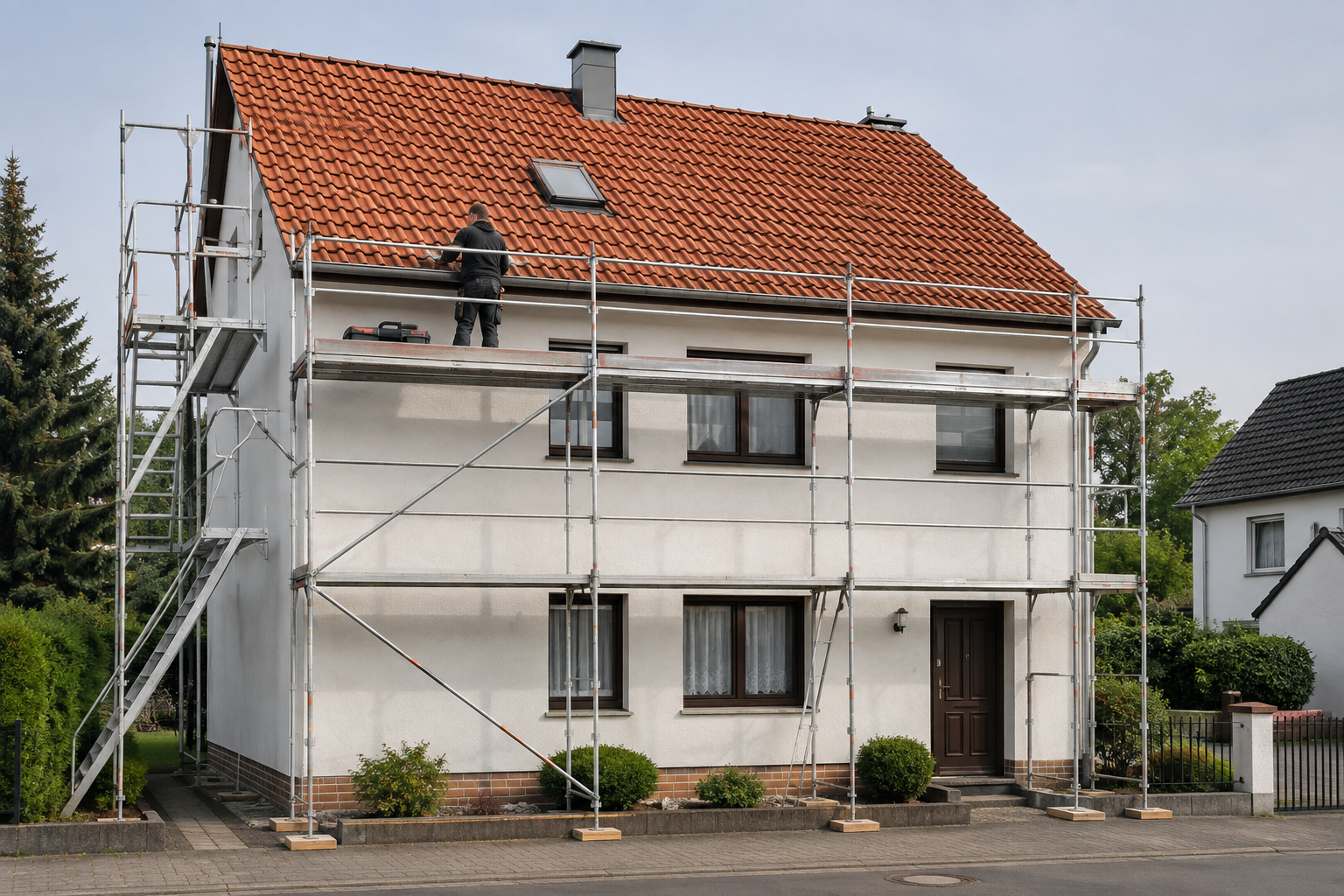 Gerüst und Absturzsicherung für eine Dachreparatur am Einfamilienhaus