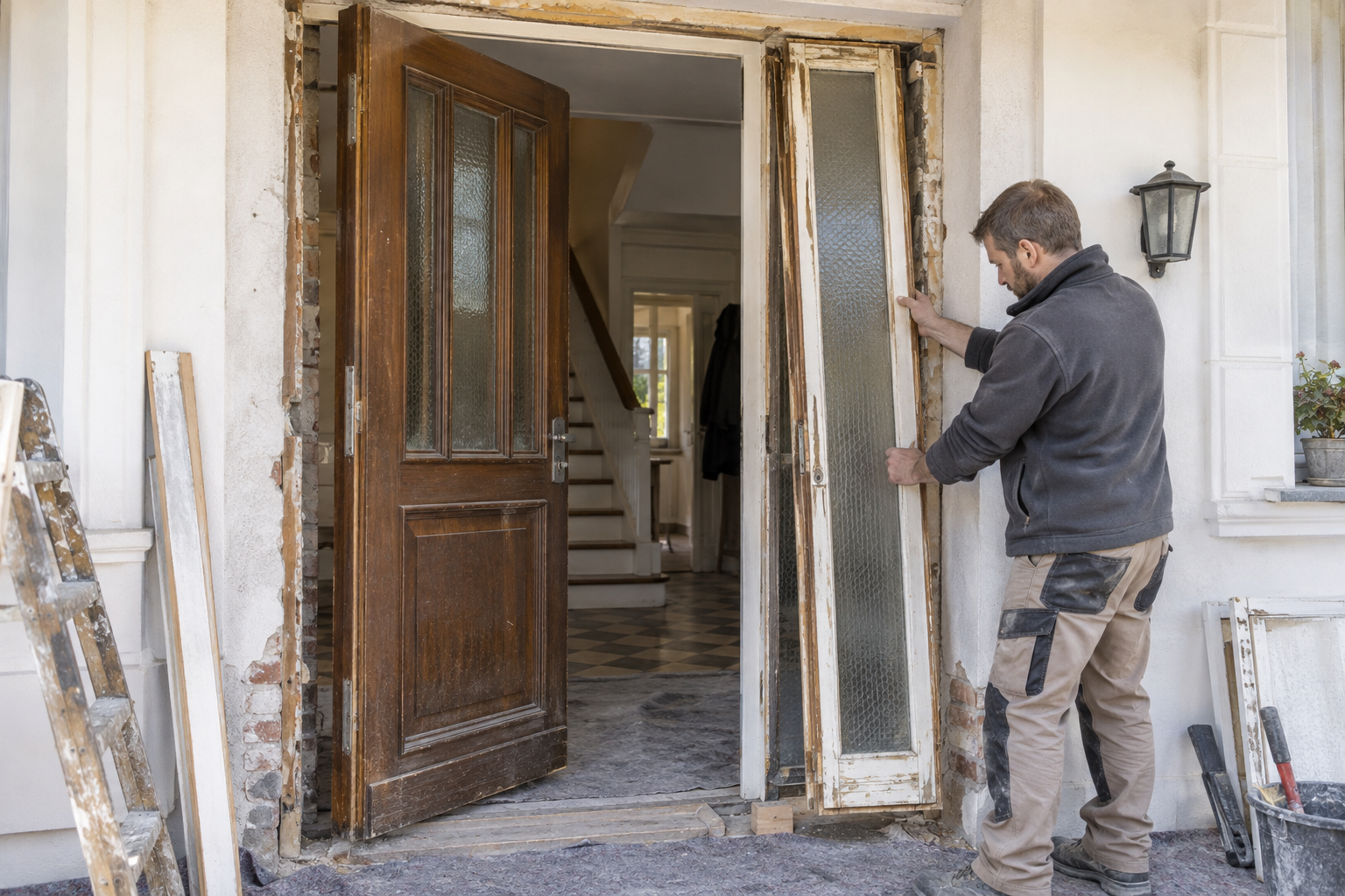 Ausbau einer alten Haustür mit Seitenteil und sichtbarem Mauerwerk im Altbau