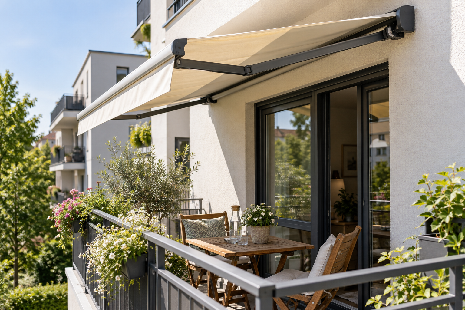 Gelenkarmmarkise über einem normal großen Balkon mit kleinem Tisch und zwei Stühlen