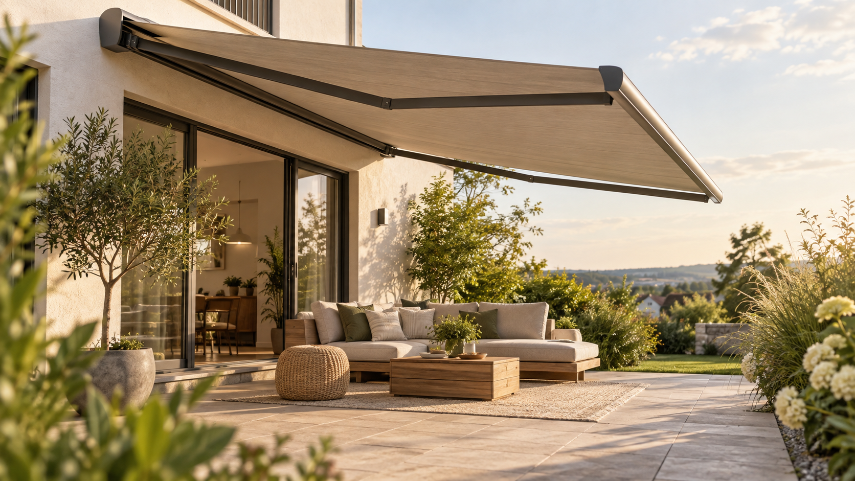 Beigefarbene Kassettenmarkise über einer normalen Terrasse mit Sitzgruppe