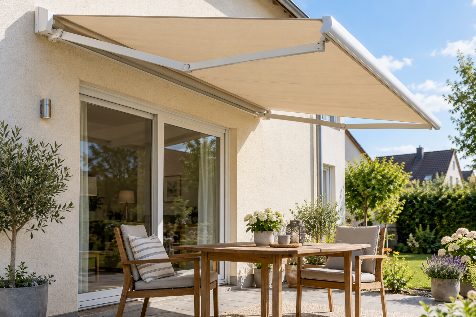 Schlichte Markise an einem deutschen Einfamilienhaus mit Terrasse