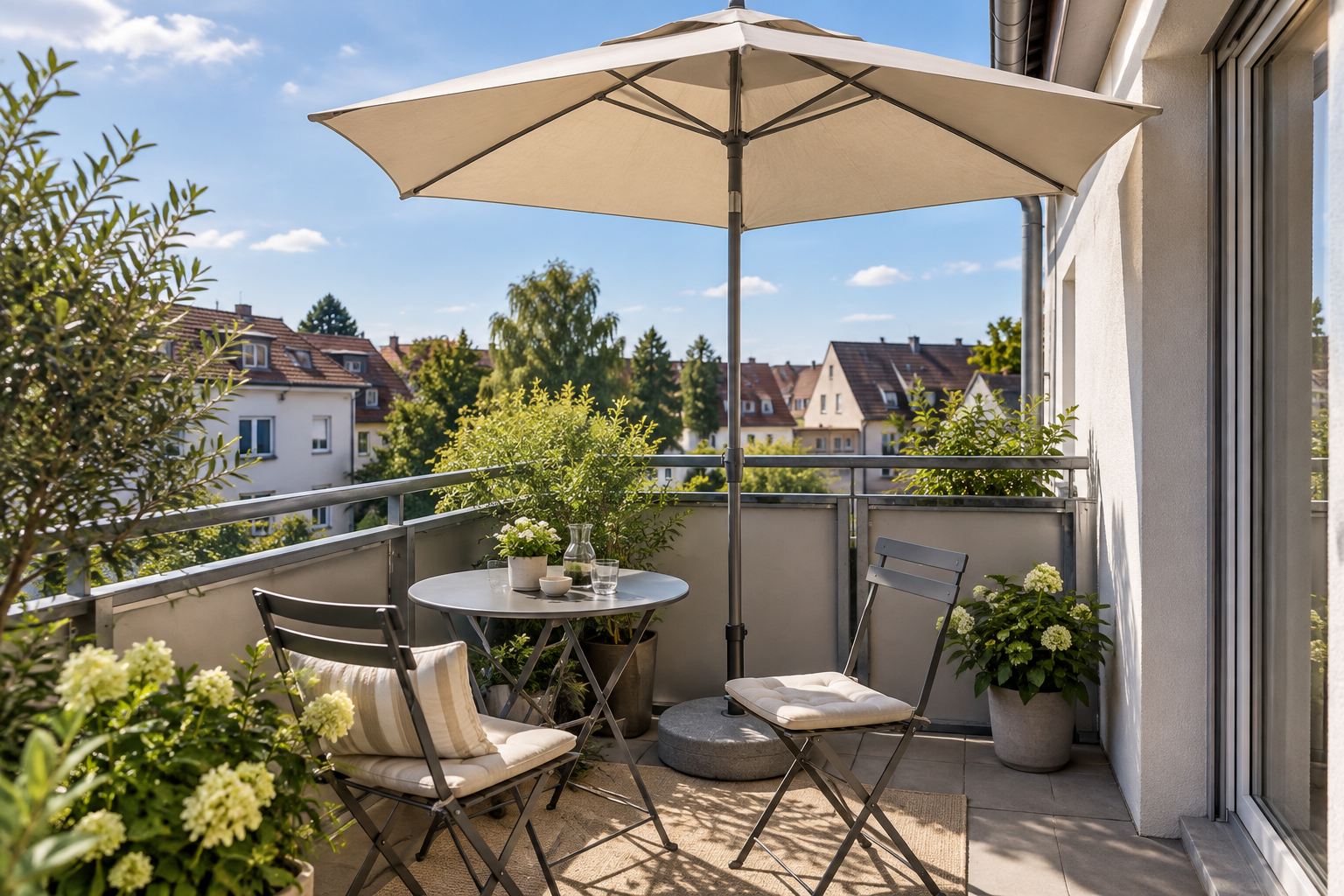 Kompakter Sonnenschirm auf einem gewöhnlichen offenen Balkon ohne darüberliegende Decke