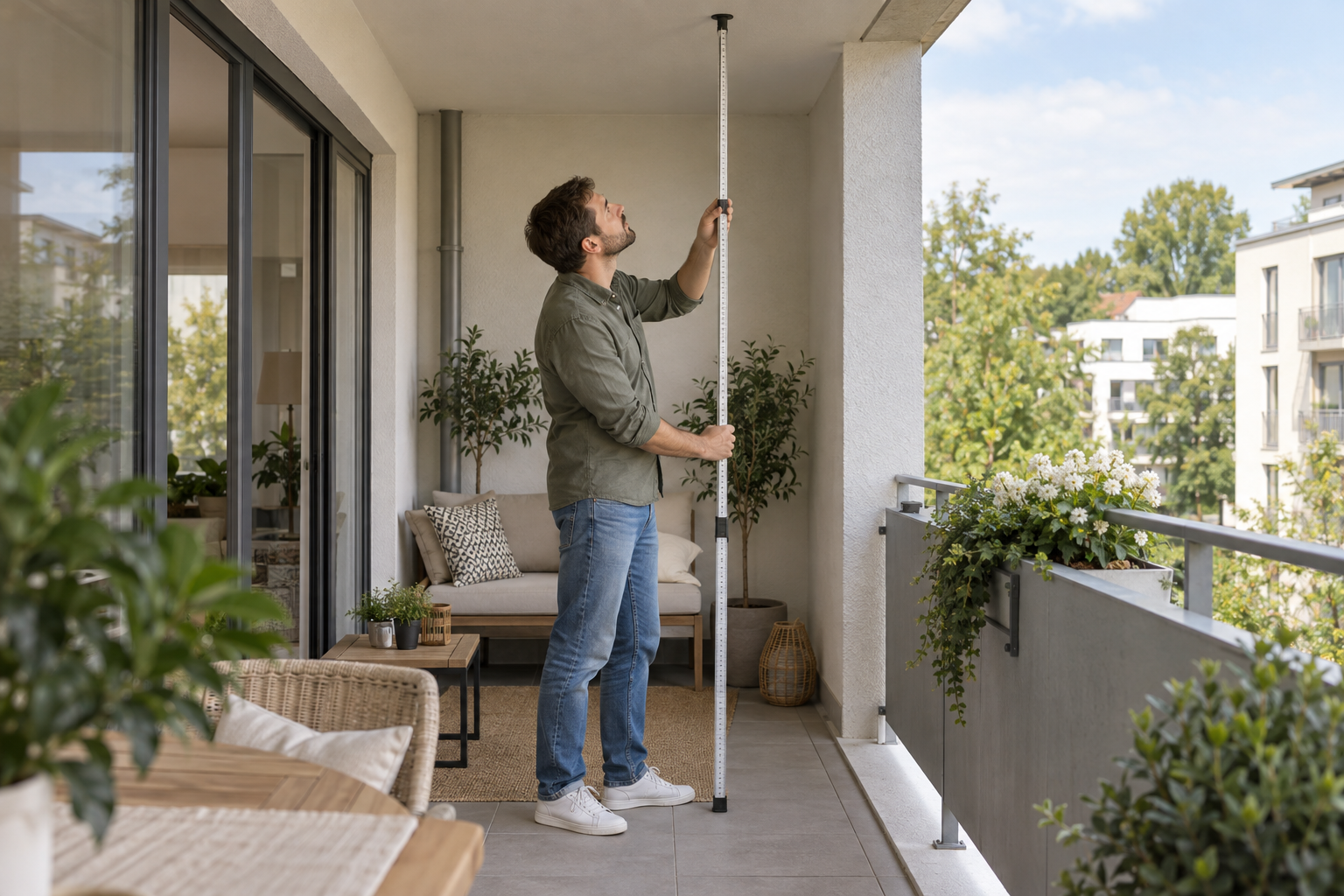 Person misst die lichte Höhe eines normalen überdachten Balkons