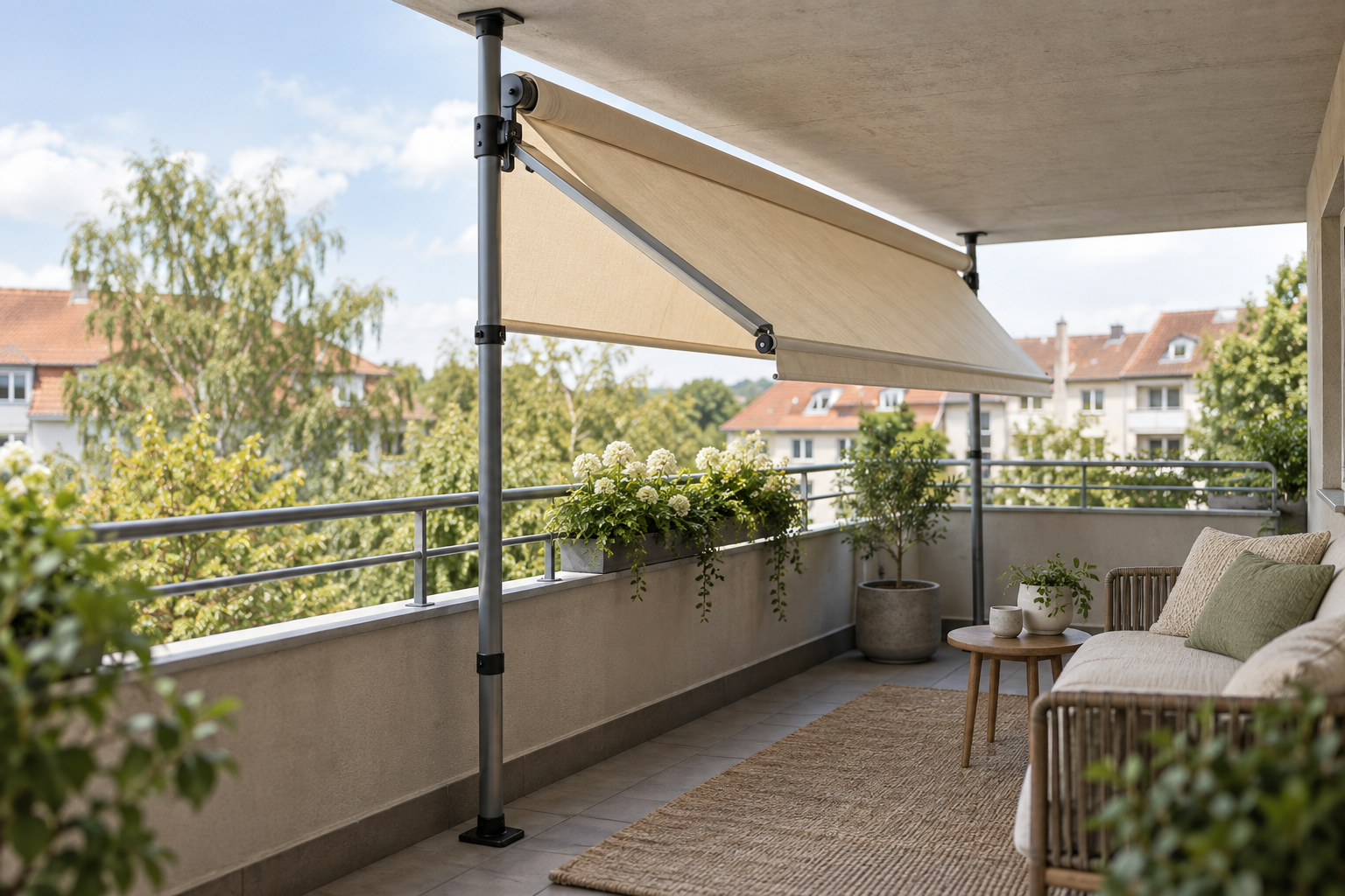 Klemmmarkise mit sichtbaren Standrohren auf einem überdachten Wohnungsbalkon