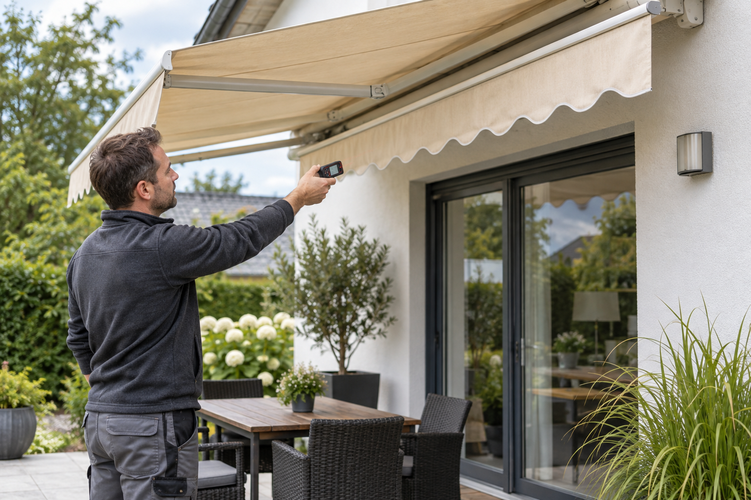 Fachkraft dokumentiert eine vorhandene Terrassenmarkise für das Aufmaß