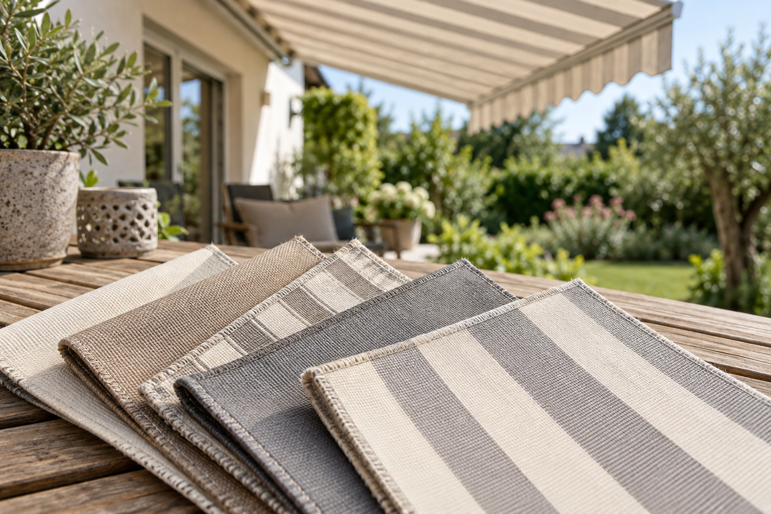 Markisenstoffmuster in Beige, Grau und dezenten Streifen auf einem Terrassentisch