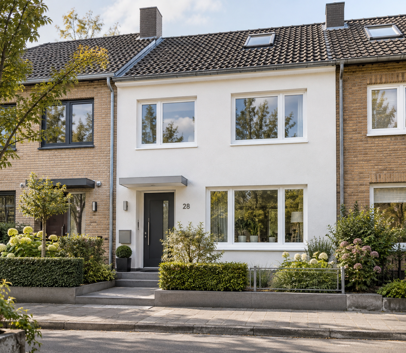 Neue Fenster an einem modernisierten Reihenhaus