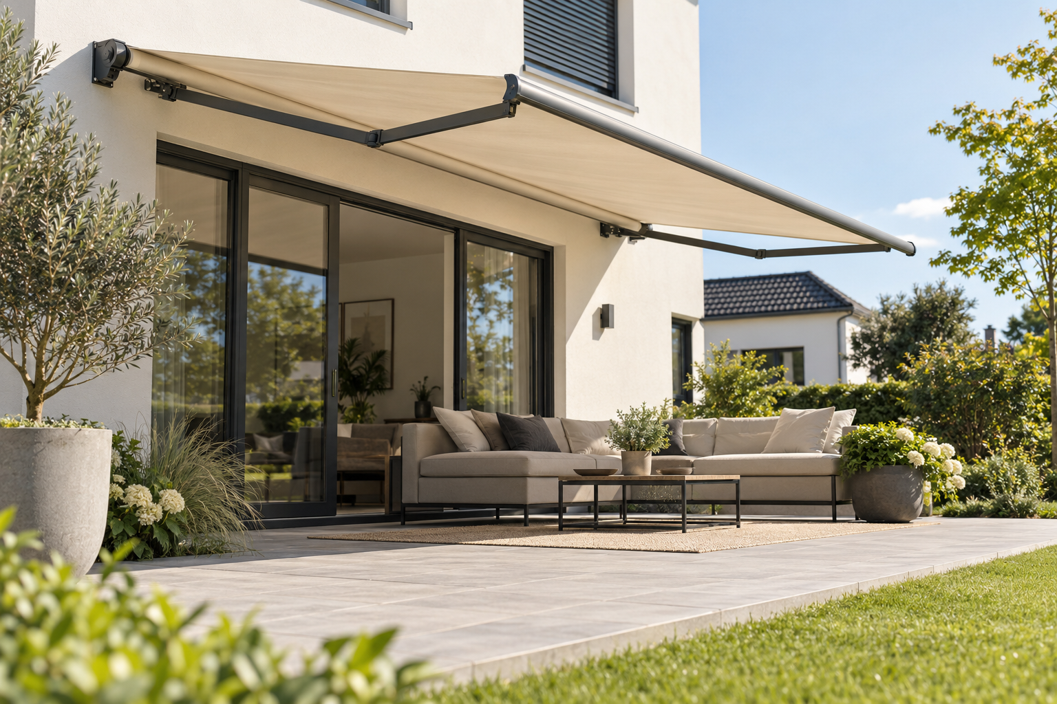 Offene Gelenkarmmarkise an einer Terrasse eines Einfamilienhauses