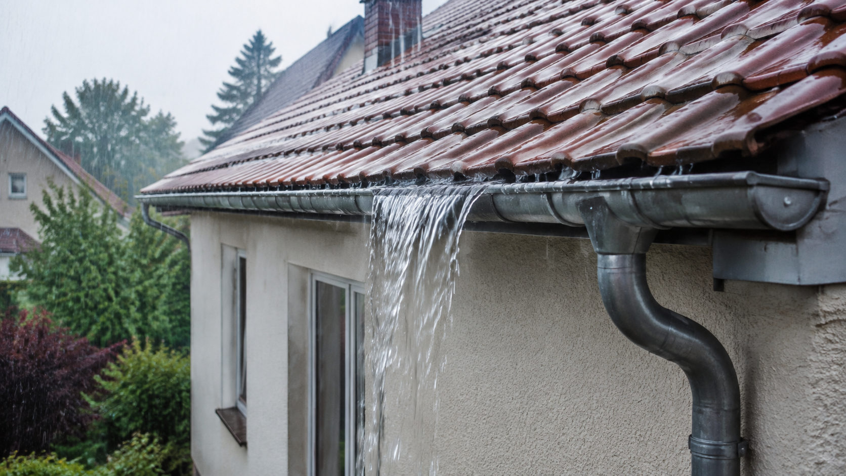 Überlaufende Dachrinne leitet Regenwasser an die Fassade