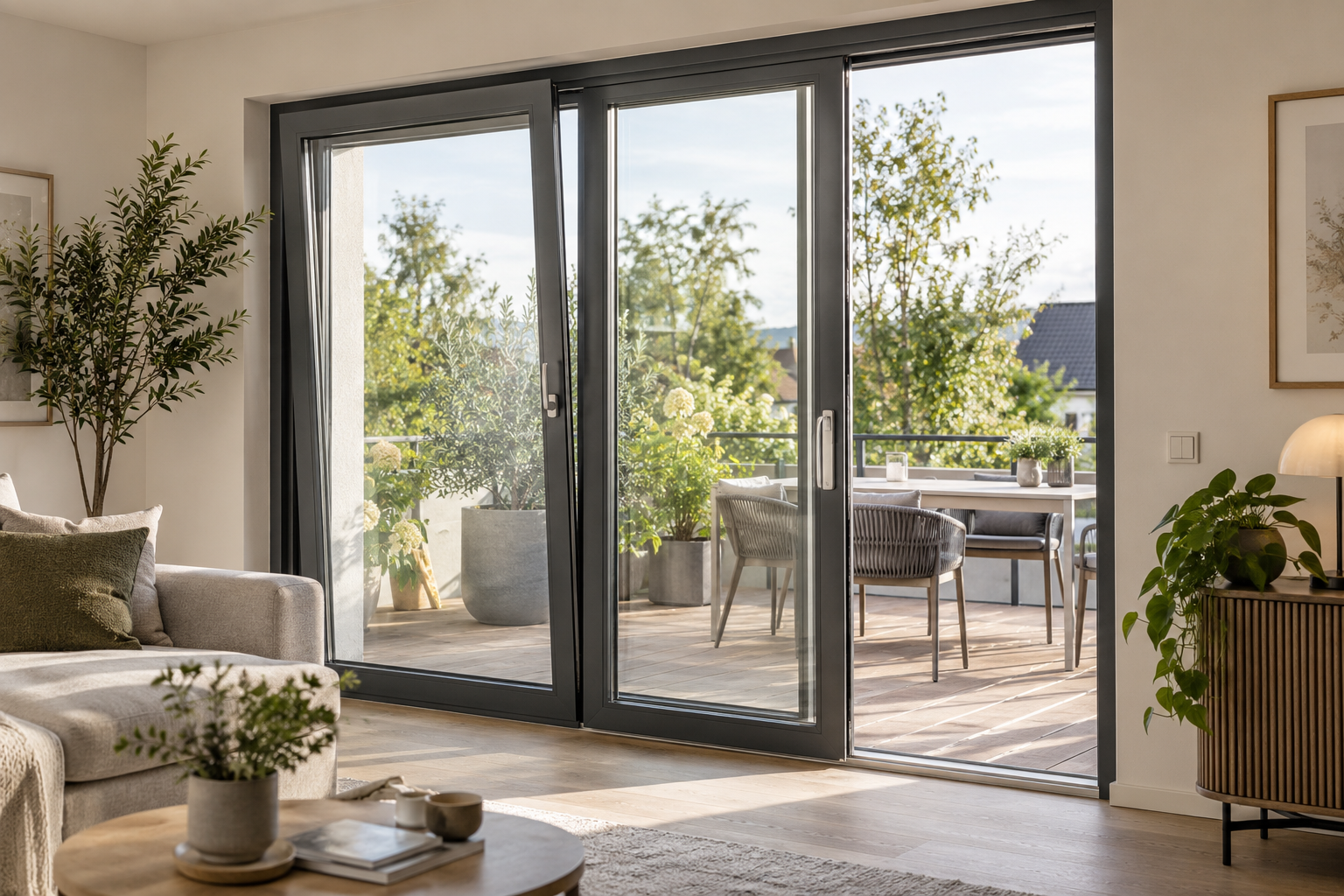Moderne PSK-Tür mit Schiebe- und Kippfunktion in einem hellen Wohnraum