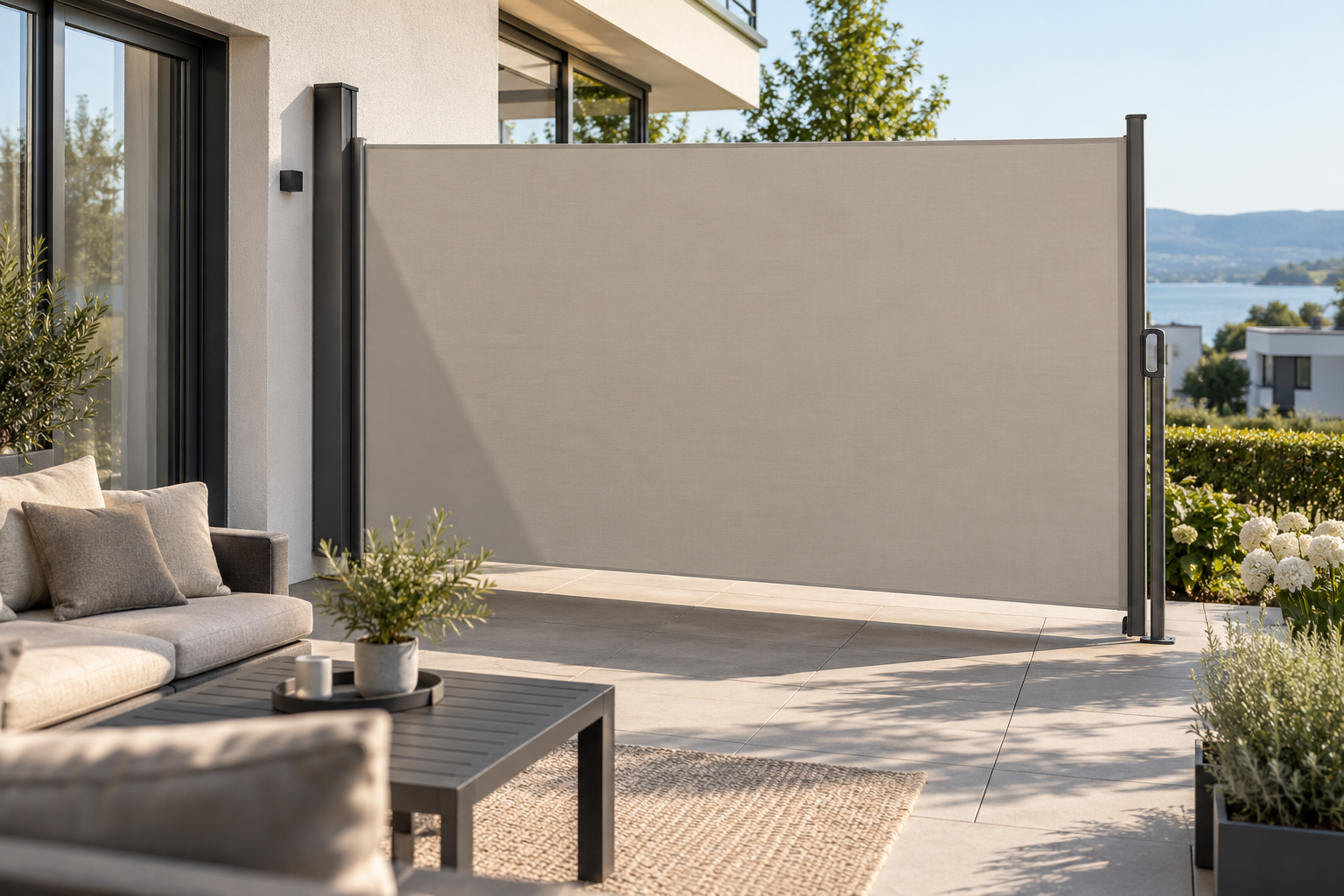 Ausgezogene Seitenmarkise schützt eine Terrasse vor Sonne, Wind und Einblicken
