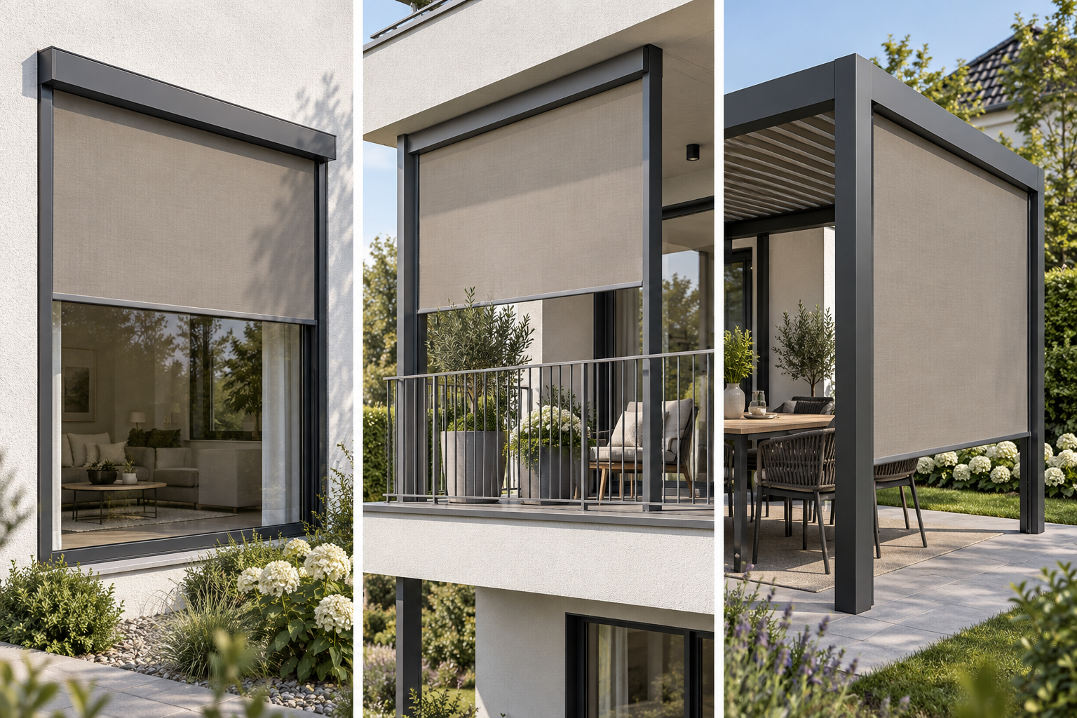 Senkrechtmarkisen an Fenster, Balkon und Terrassenpergola im Vergleich