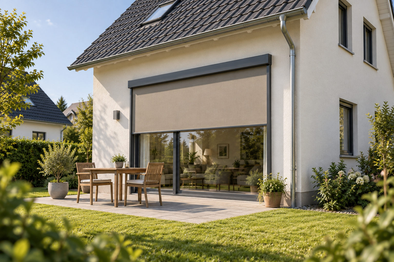 Außenliegende Senkrechtmarkise vor einer großen Fensterfront eines modernen Hauses
