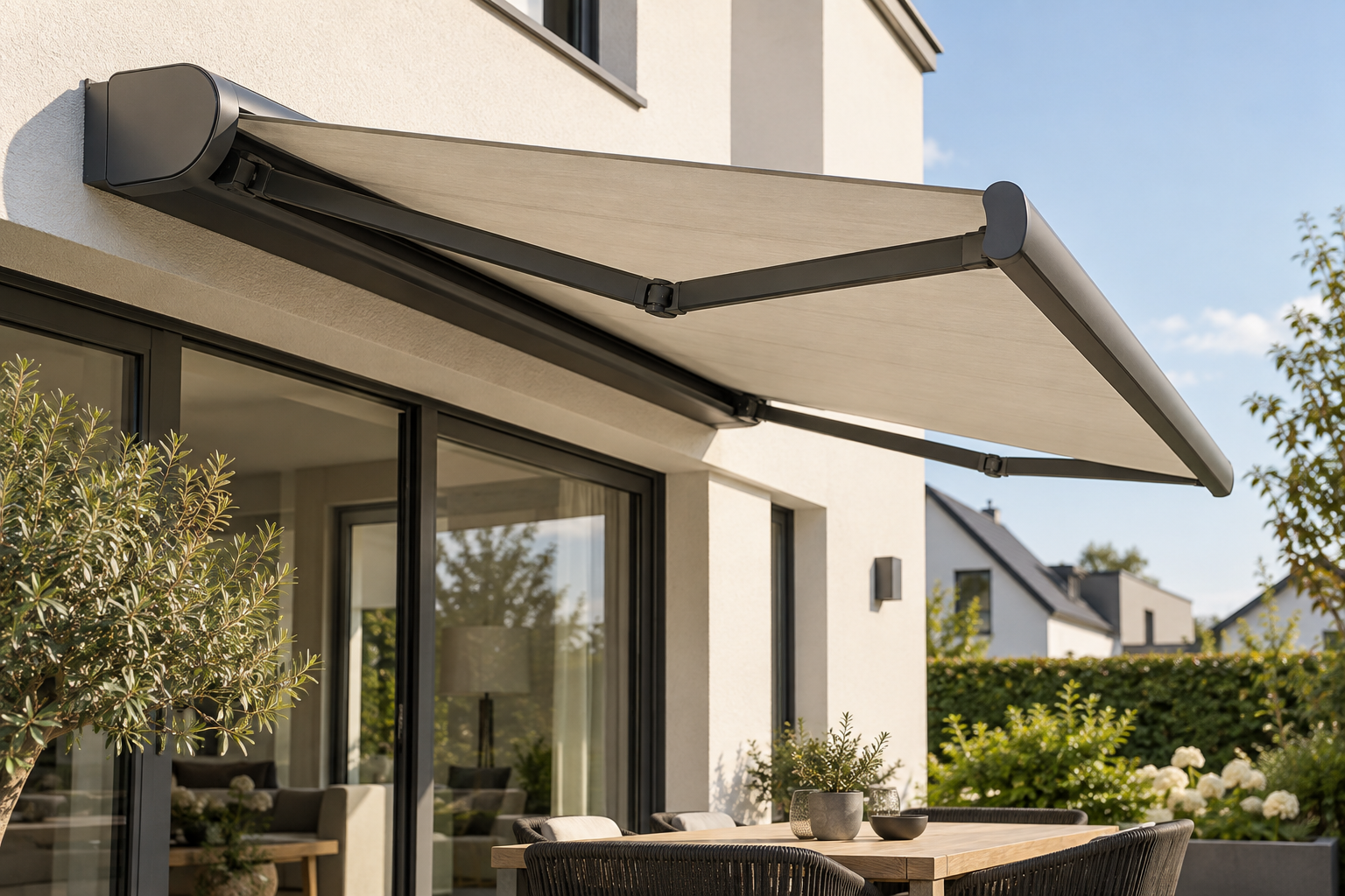 Große elektrische Vollkassettenmarkise über einer Terrasse