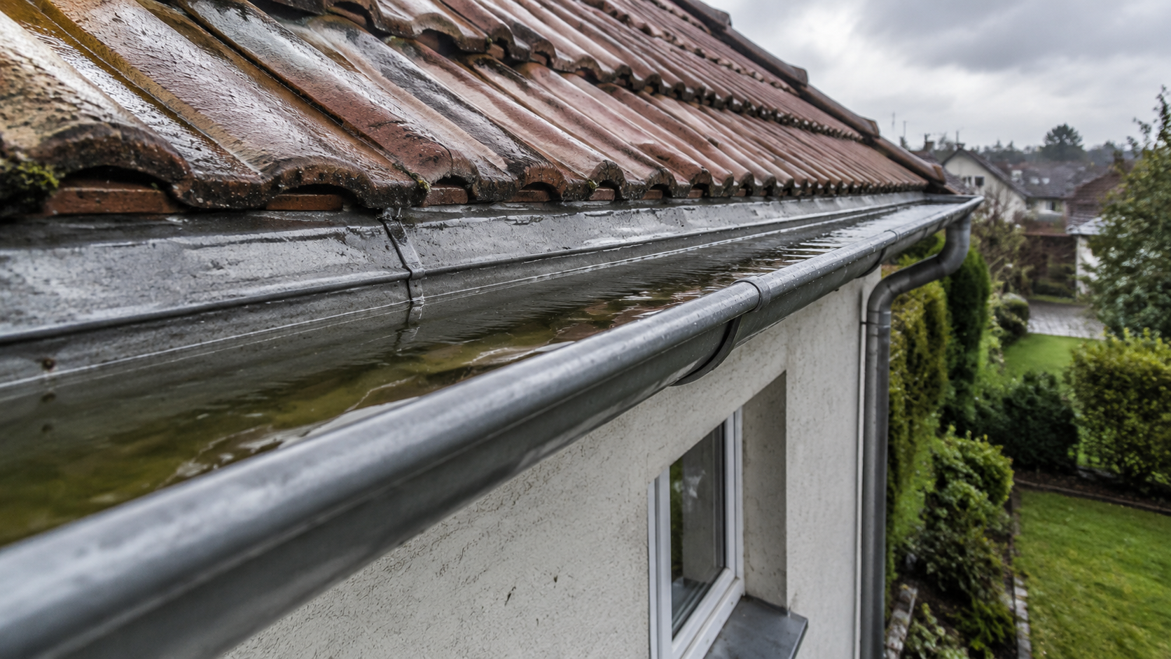 Stehendes Wasser bildet nach einem Regenschauer eine Pfütze in der Dachrinne